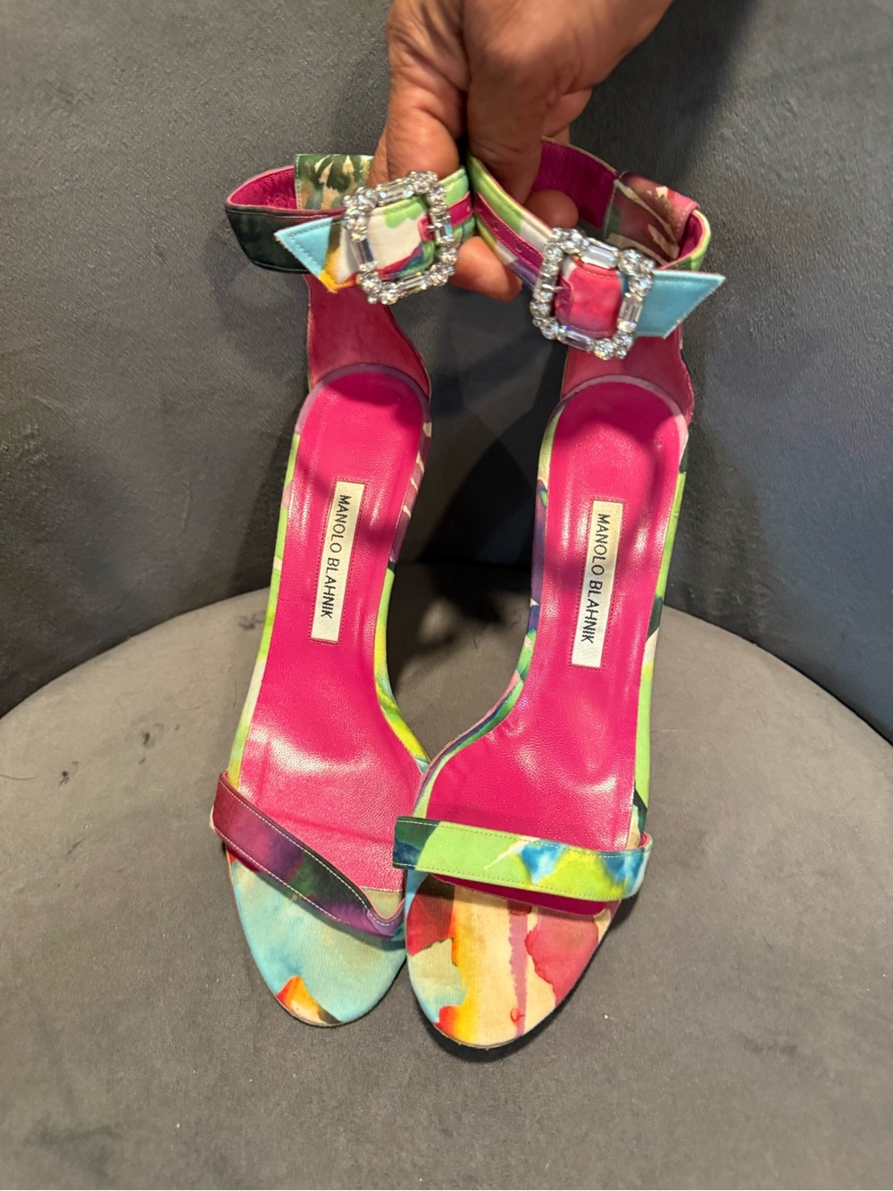 Manolo Blahnik Multicolor Satin Ankle-Strap Sandals with Pink Footbed - Picture 2 of 13